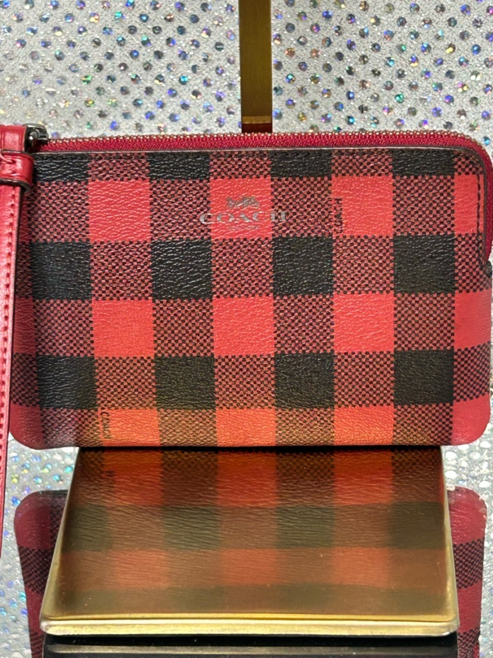 Coach Red and Black Buffalo Check Zip Wristlet Approx. 6 x 4